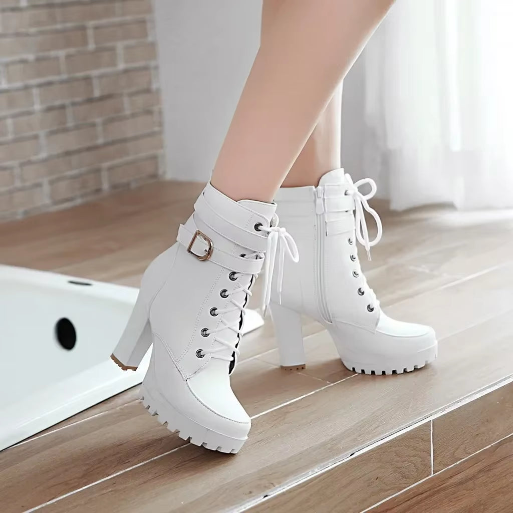 High Heels Women Ankle Boots Lace up Fall Winter Platform Ladies Boots Large Size Fashion Shoes White Black Brown 2022